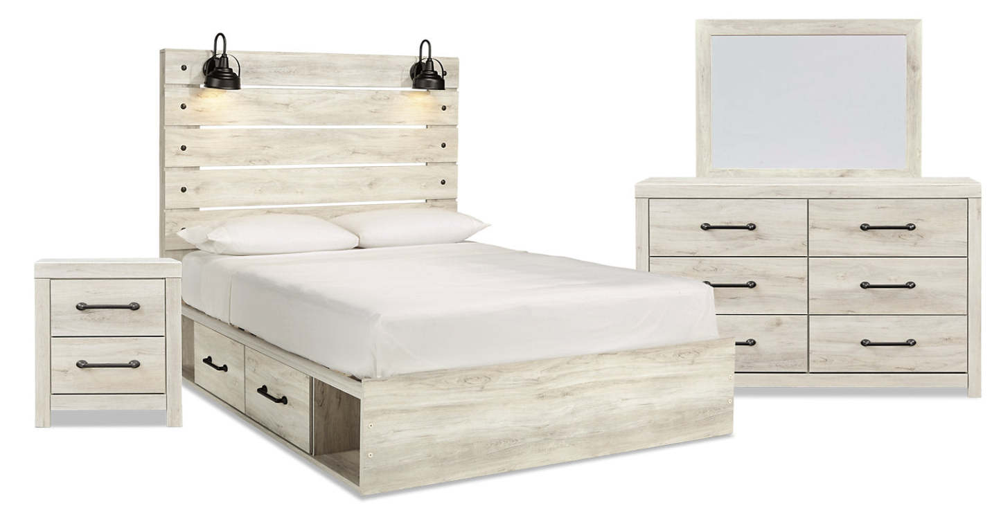 Ensemble de chambre à coucher Abby 6 pièces avec lit de rangement latéral, commode, miroir et table de nuit, LED, USB, blanc - Taille Queen…