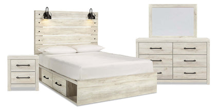 Ensemble de chambre à coucher Abby 6 pièces avec lit de rangement latéral, commode, miroir et table de nuit, LED, USB, blanc - Taille Queen…