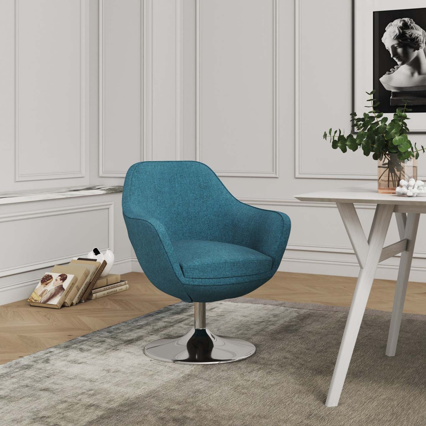 Manhattan Comfort Caisson Polished Chrome Twill Rotating Accent Chair - Blue|Chaise d'appoint pivotante sergée Caisson de Manhattan Comfort en chrome poli - bleue
