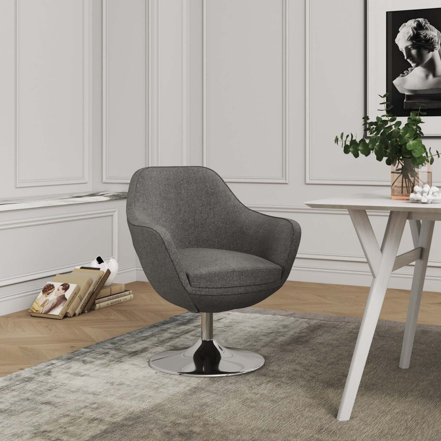 Manhattan Comfort Caisson Polished Chrome Twill Rotating Accent Chair - Grey|Chaise d'appoint pivotante sergée Caisson de Manhattan Comfort en chrome poli - grise