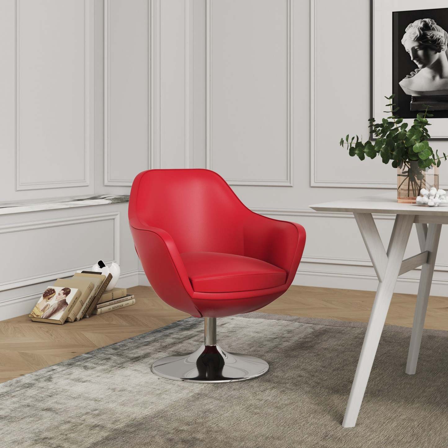 Manhattan Comfort Caisson Polished Chrome Faux Leather Rotating Accent Chair - Red|Fauteuil d'appoint pivotant Caisson de Manhattan Comfort en chrome poli et en similicuir - rouge