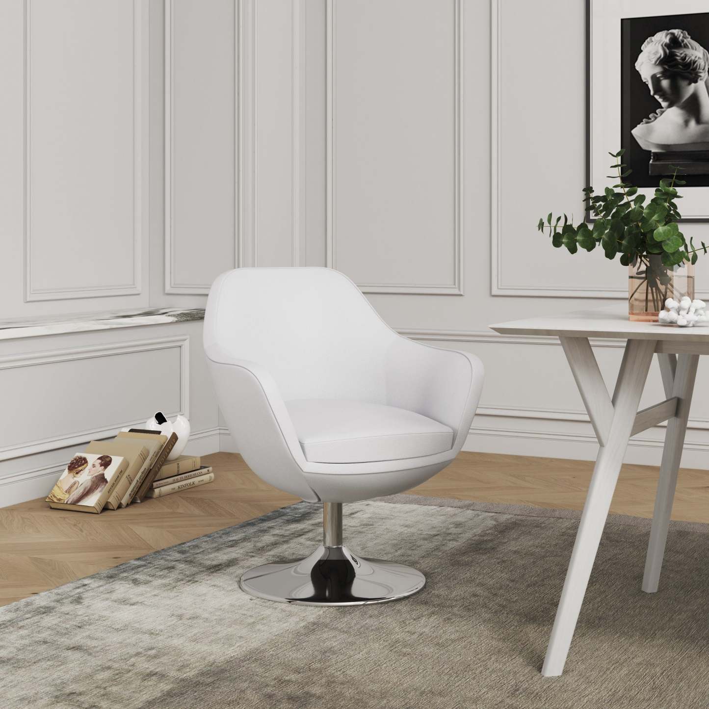 Manhattan Comfort Caisson Polished Chrome Faux Leather Rotating Accent Chair - White|Fauteuil d'appoint pivotant Caisson de Manhattan Comfort en chrome poli et en similicuir - blanc