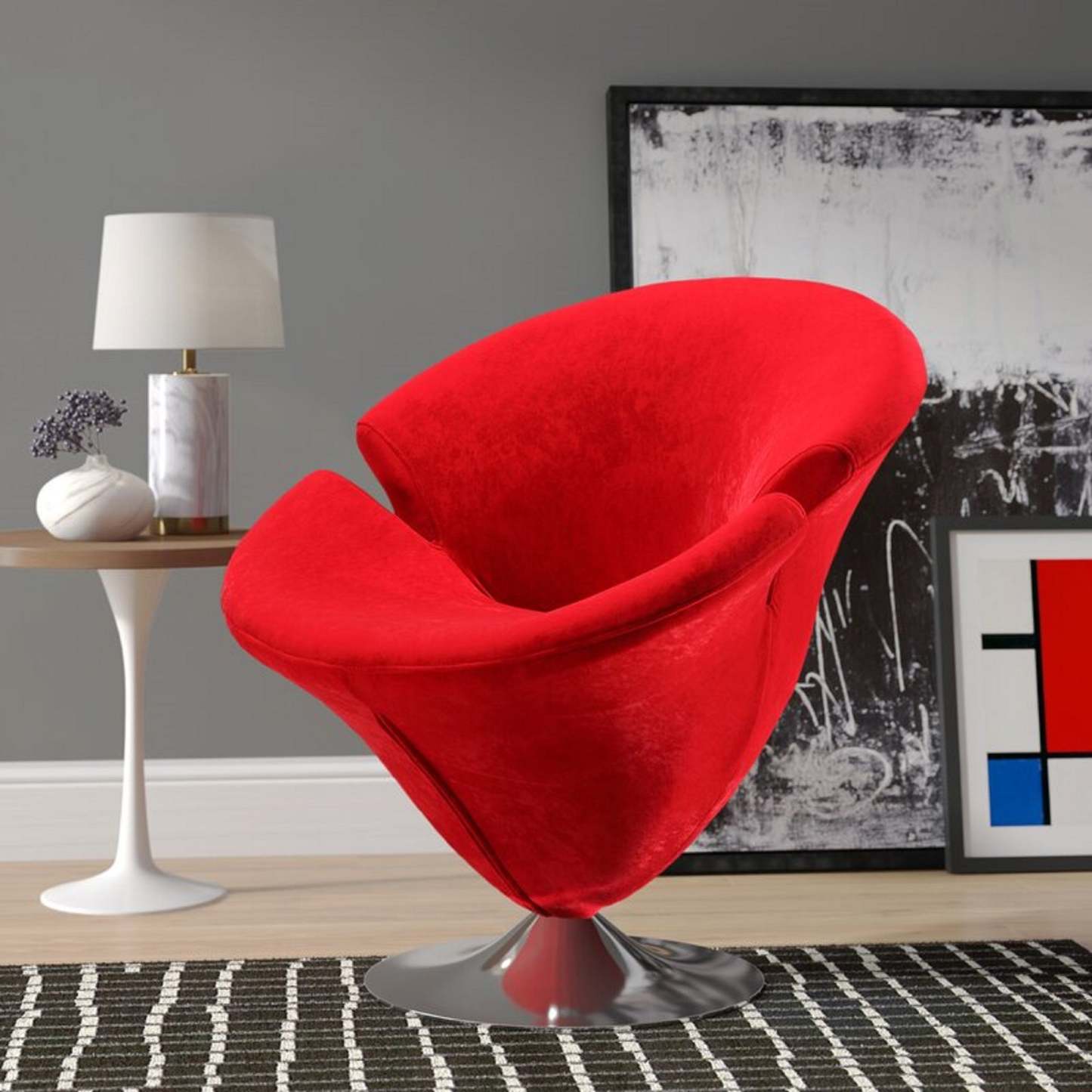 Manhattan Comfort Tulip Polished Chrome Velvet Rotating Accent Chair - Red|Fauteuil d'appoint pivotant Tulip de Manhattan Comfort en chrome poli et en velours - rouge