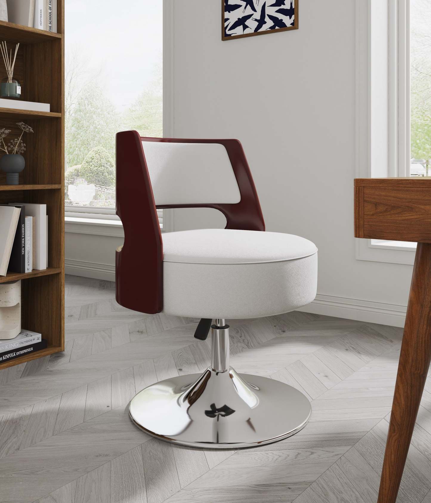 Manhattan Comfort Salon Polished Chrome Faux Leather Adjustable Height Rotating Accent Chair - White|Chaise d'appoint pivotante Salon de Manhattan Comfort à hauteur réglable en chrome poli et en similicuir - blanche