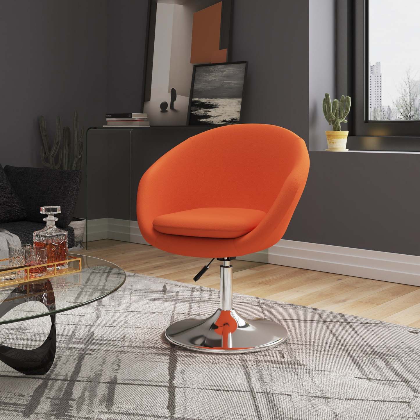 Manhattan Comfort Hopper Polished Chrome Wool Blend Adjustable Height Chair - Orange|Chaise Hopper de Manhattan Comfort à hauteur réglable en chrome poli et en mélange de laine - orange