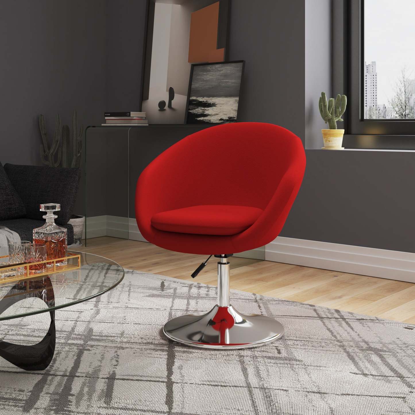 Manhattan Comfort Hopper Polished Chrome Wool Blend Adjustable Height Chair - Rouge|Chaise Hopper de Manhattan Comfort à hauteur réglable en chrome poli et en mélange de laine - rouge