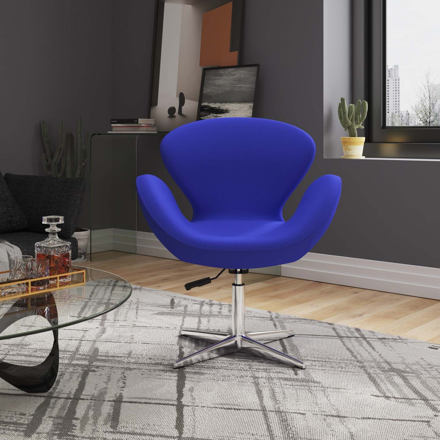 Manhattan Comfort Raspberry Polished Chrome Wool Blend Adjustable Pivotant Chair - Blue|Chaise pivotante réglable Raspberry de Manhattan Comfort en chrome poli et en mélange de laine - bleue