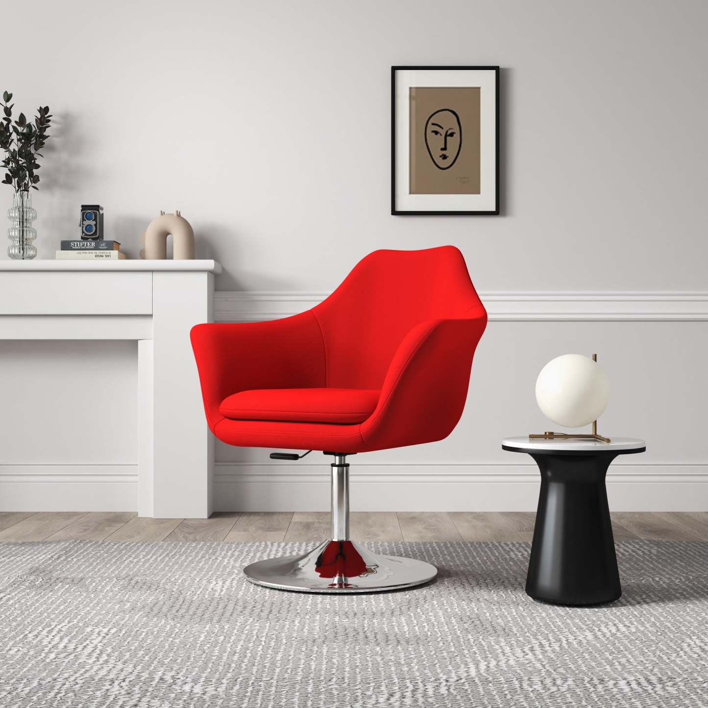 Manhattan Comfort Kinsey Polished Chrome Wool Blend Adjustable Height Rotating Accent Chair - Red|Chaise d'appoint pivotante Kinsey de Manhattan Comfort à hauteur réglable en chrome poli et en mélange de laine - rouge