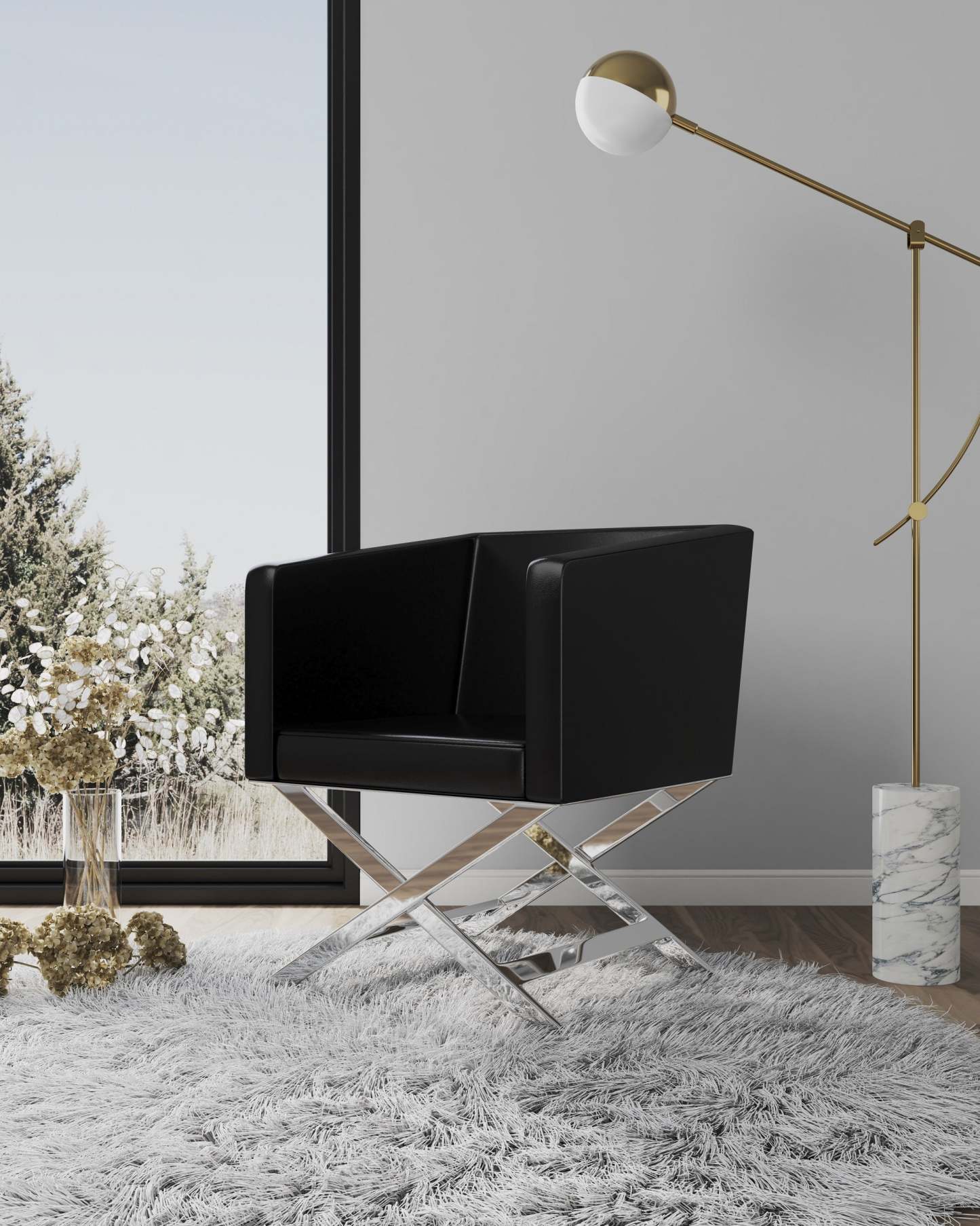 Manhattan Comfort Hollywood Polished Chrome Faux Leather Lounge Accent Chair - Black|Fauteuil d'appoint de détente Hollywood de Manhattan Comfort en chrome poli et en similicuir - noir