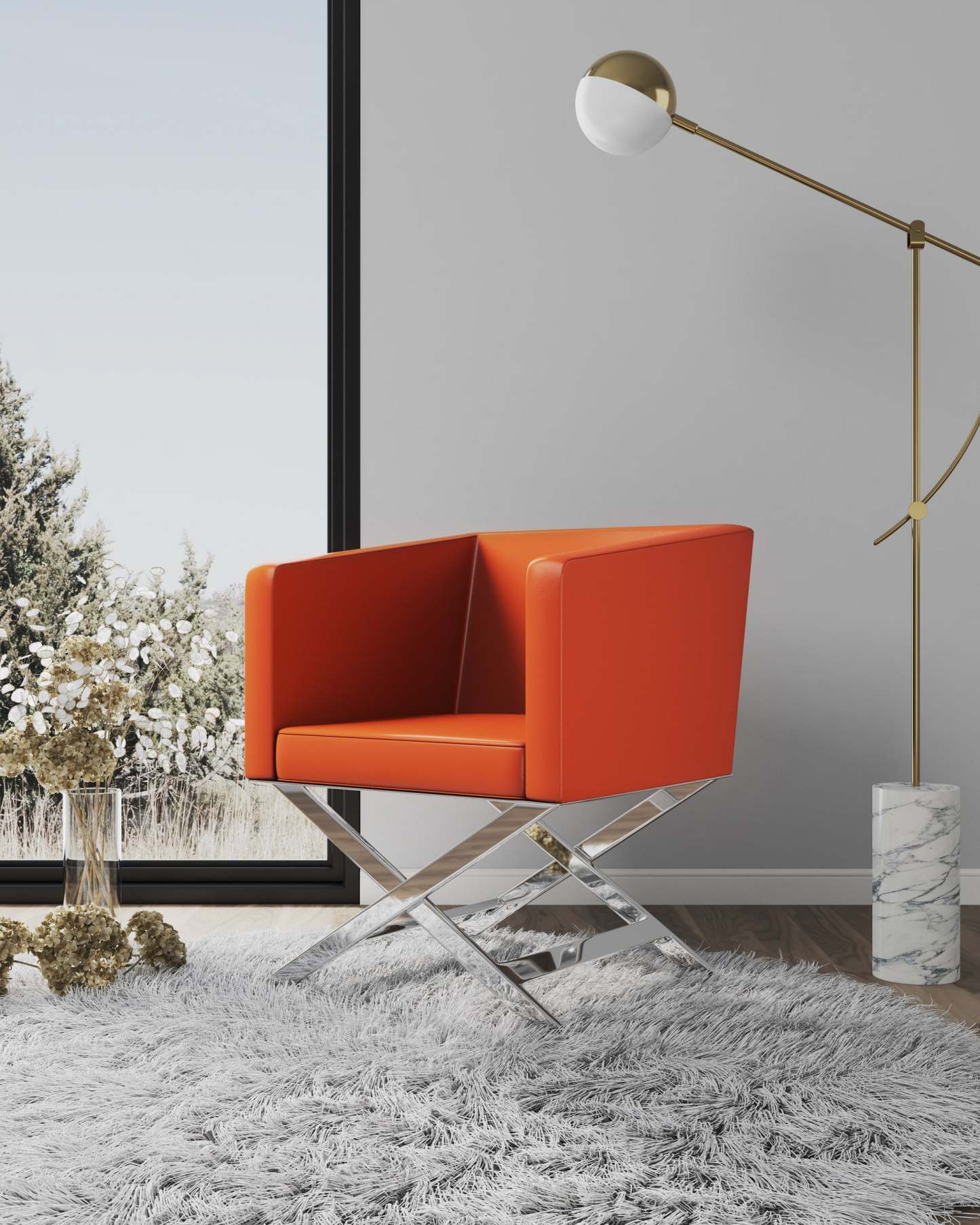Manhattan Comfort Hollywood Polished Chrome Faux Leather Lounge Accent Chair - Orange|Fauteuil d'appoint de détente Hollywood de Manhattan Comfort en chrome poli et en similicuir - orange