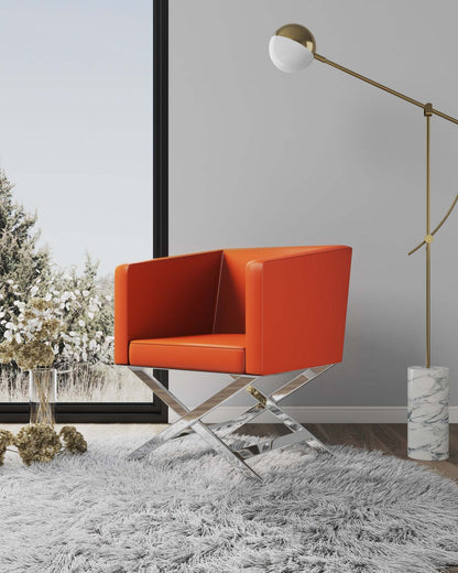 Manhattan Comfort Hollywood Polished Chrome Faux Leather Lounge Accent Chair - Orange|Fauteuil d'appoint de détente Hollywood de Manhattan Comfort en chrome poli et en similicuir - orange