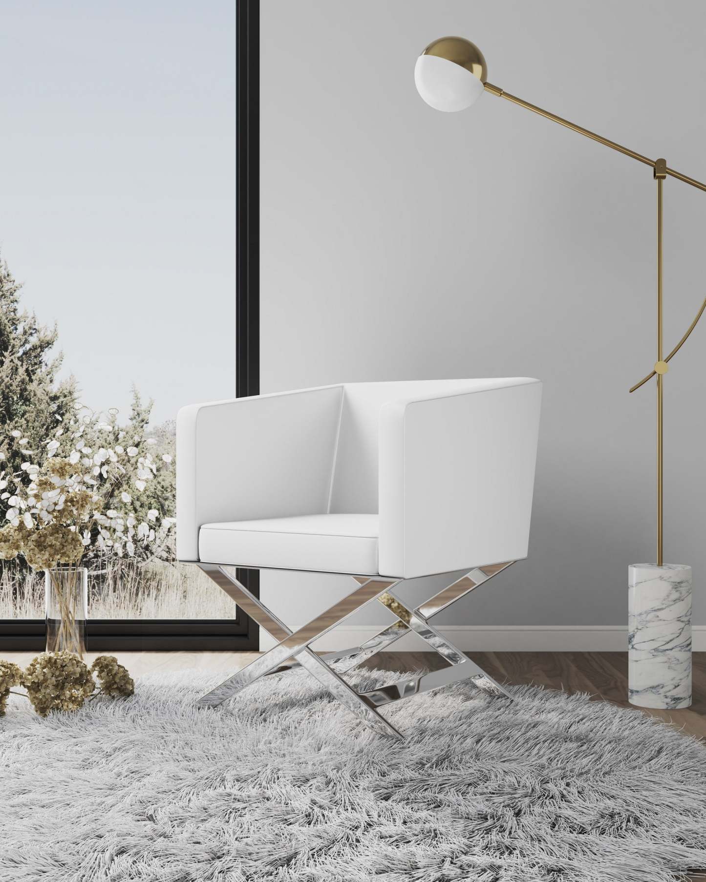 Manhattan Comfort Hollywood Polished Chrome Faux Leather Lounge Accent Chair - White|Fauteuil d'appoint de détente Hollywood de Manhattan Comfort en chrome poli et en similicuir - blanc