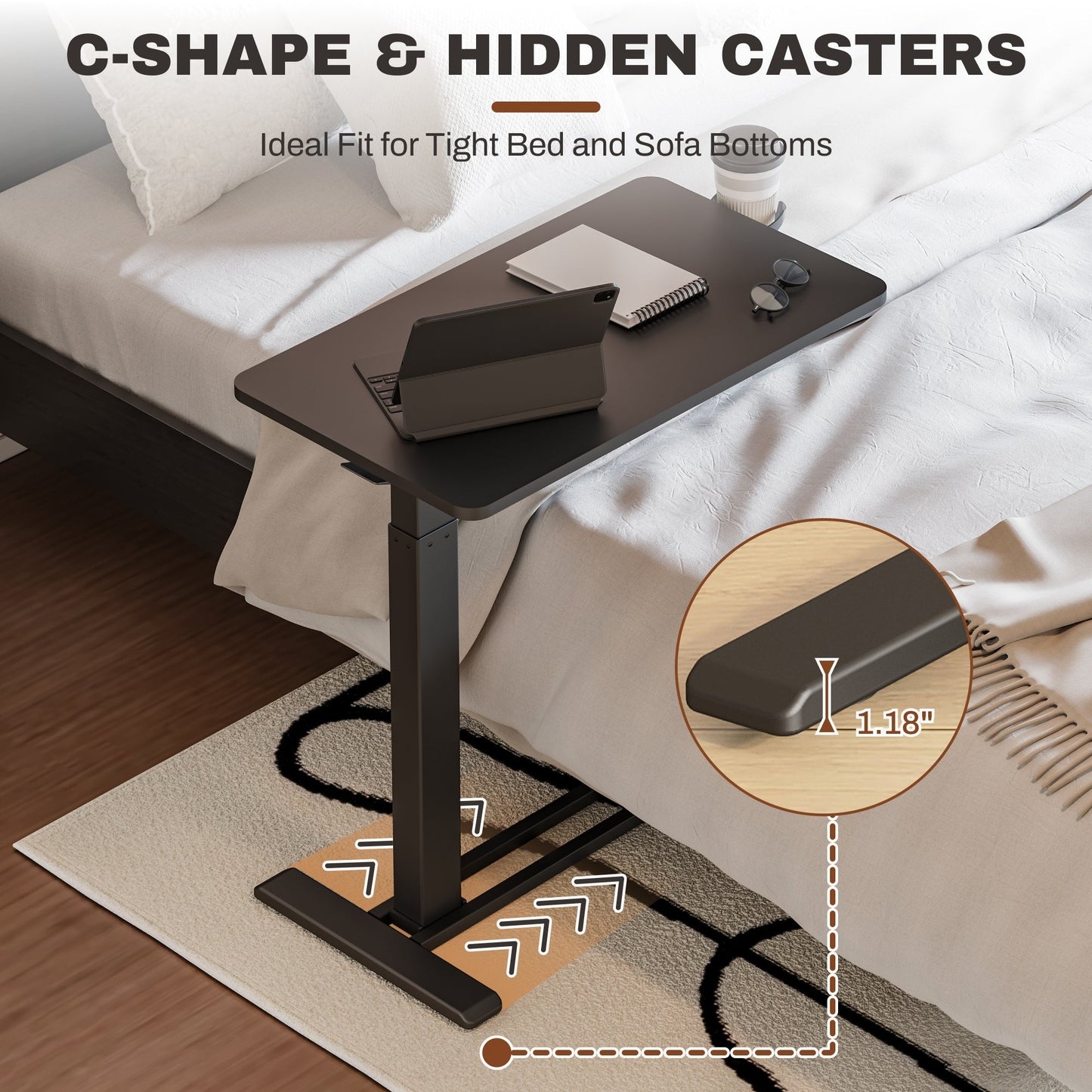 Table d'ordinateur portable mobile FunniHomi 28/32, réglable en hauteur, avec roulettes, blanc/noir, pour lit et canapé