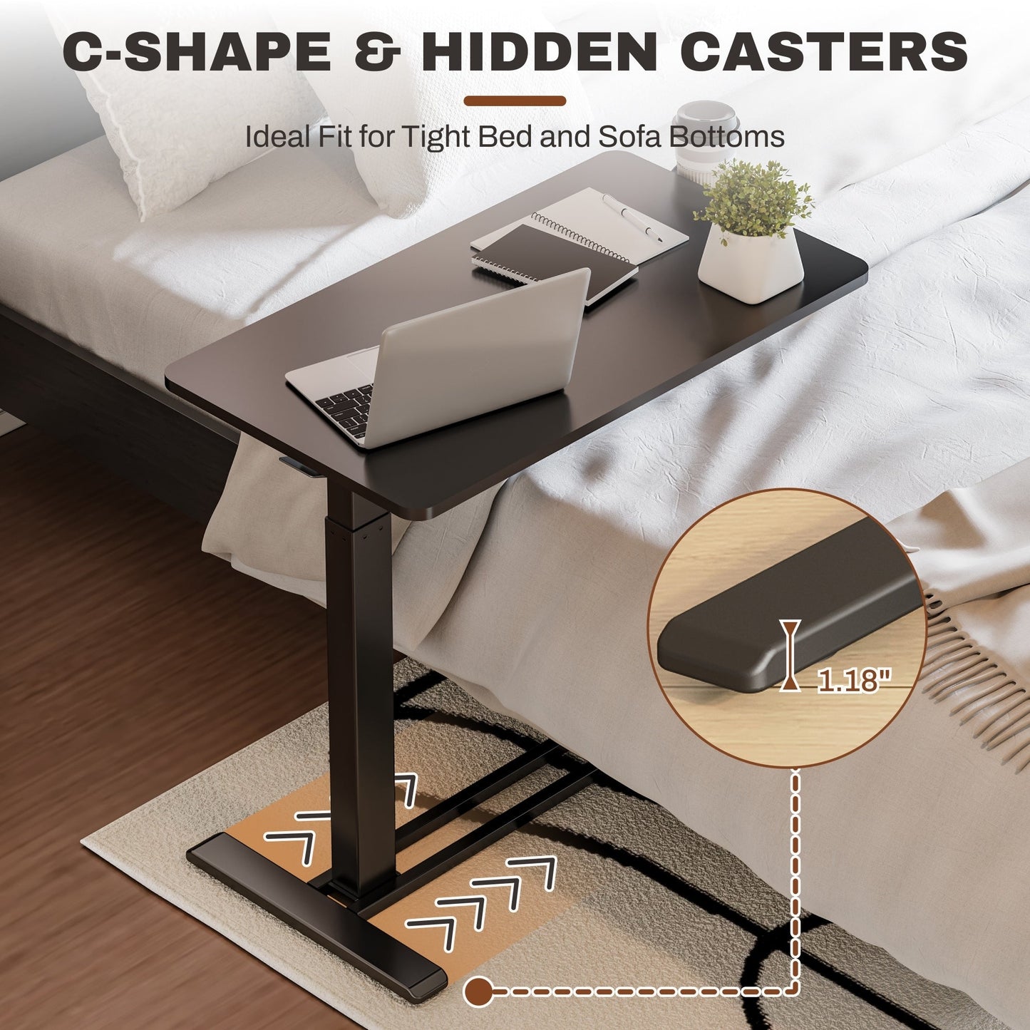 Table d'ordinateur portable mobile FunniHomi 28/32, réglable en hauteur, avec roulettes, blanc/noir, pour lit et canapé