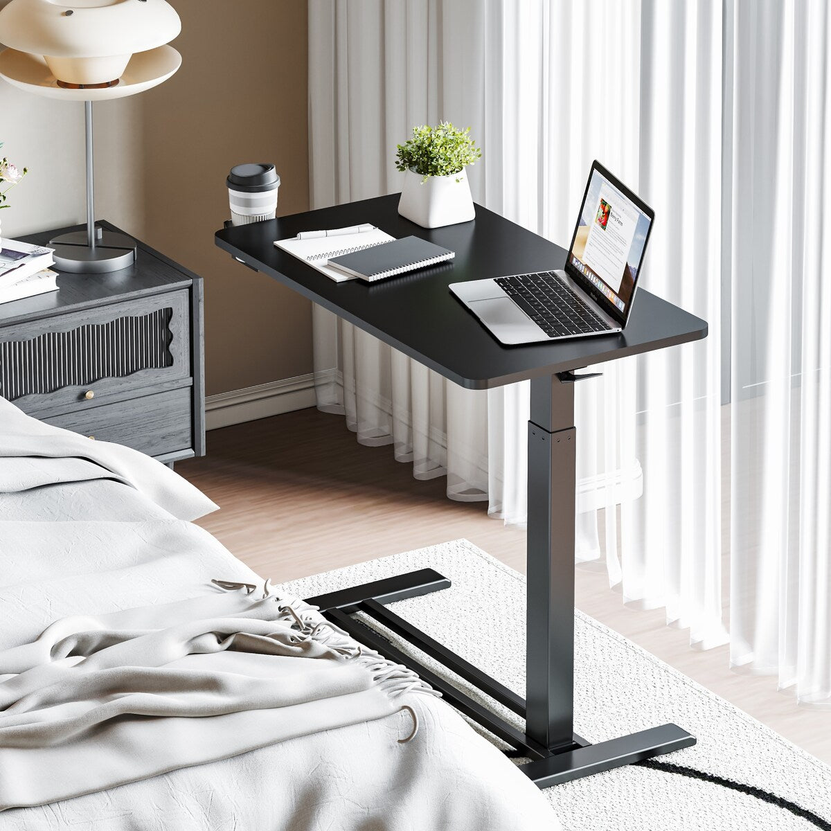 Table d'ordinateur portable mobile FunniHomi 28/32, réglable en hauteur, avec roulettes, blanc/noir, pour lit et canapé