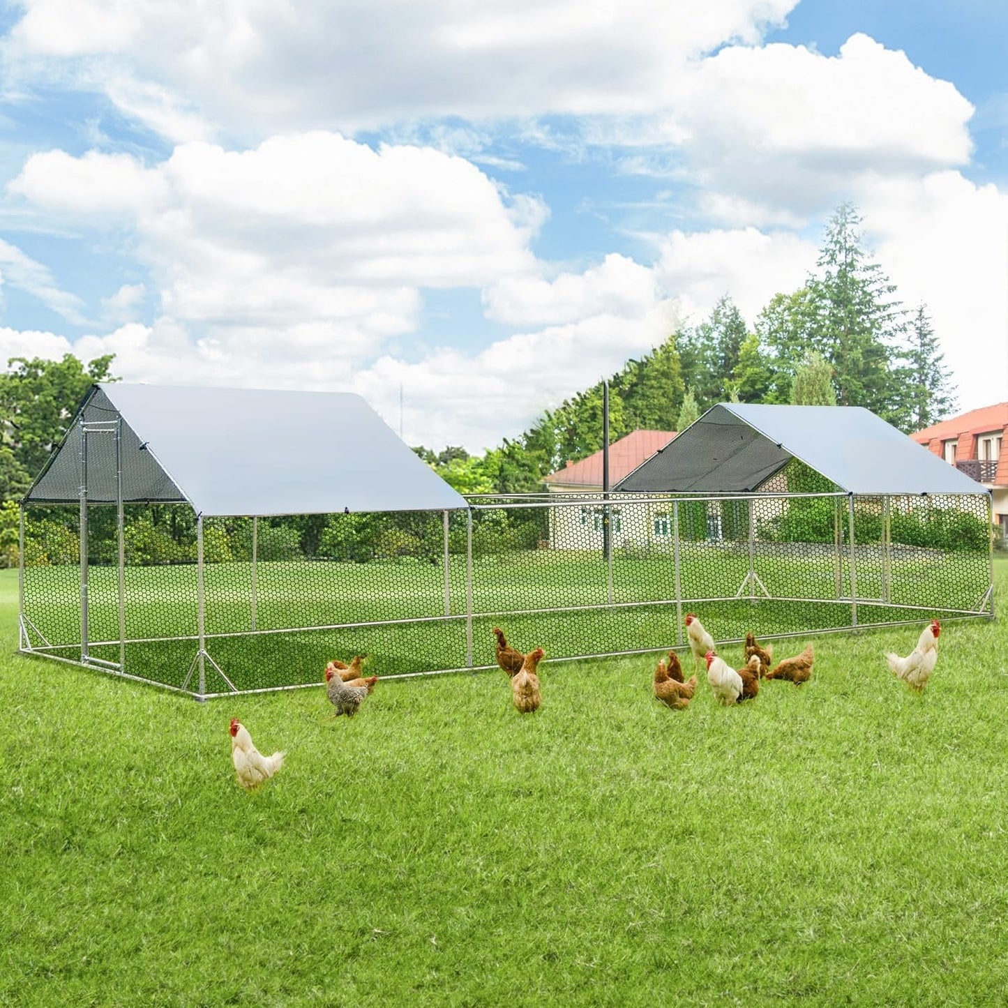 AECOJOY Grand poulailler métallique avec enclos et cage à poules accessibles à pied