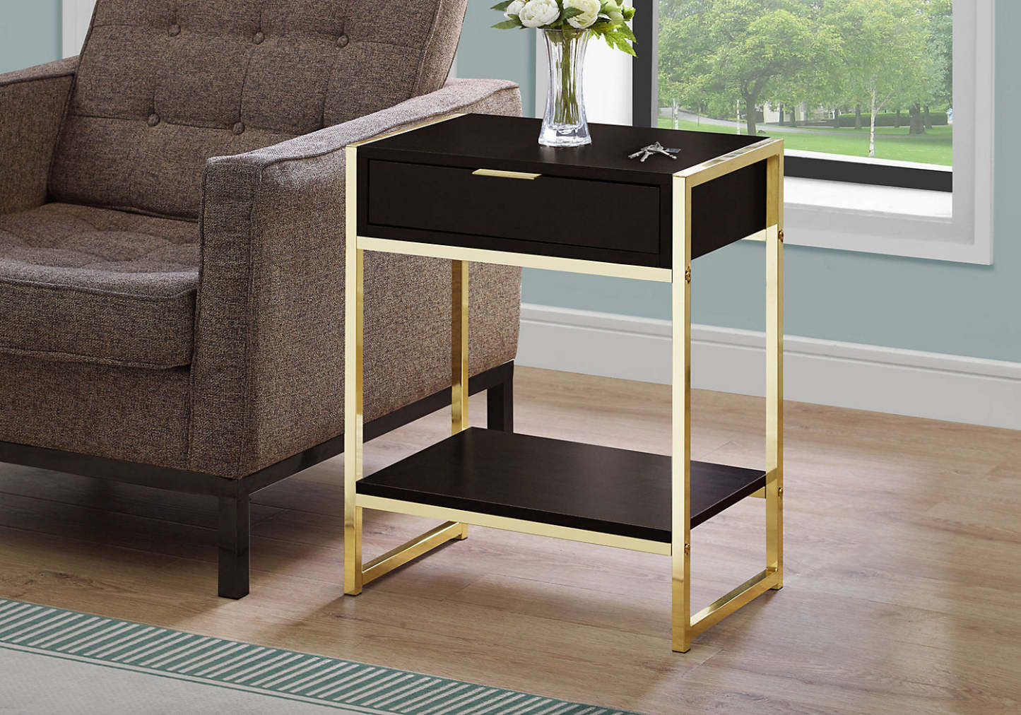 Alice 19,5 Accent Table With Storage &amp; Shelf - Cappuccino with Gold Accents|Table d'appoint Alice de 19,5 po avec rangement et tablette - cappuccino avec touches dorées