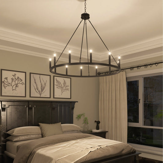 Lustre Acroma style ferme à 12 lumières, forme roue de chariot, 101,6 cm (40 po), homologué UL - Profondeur : 101,6 cm (40 po) ; Hauteur : 350 cm (138 po).