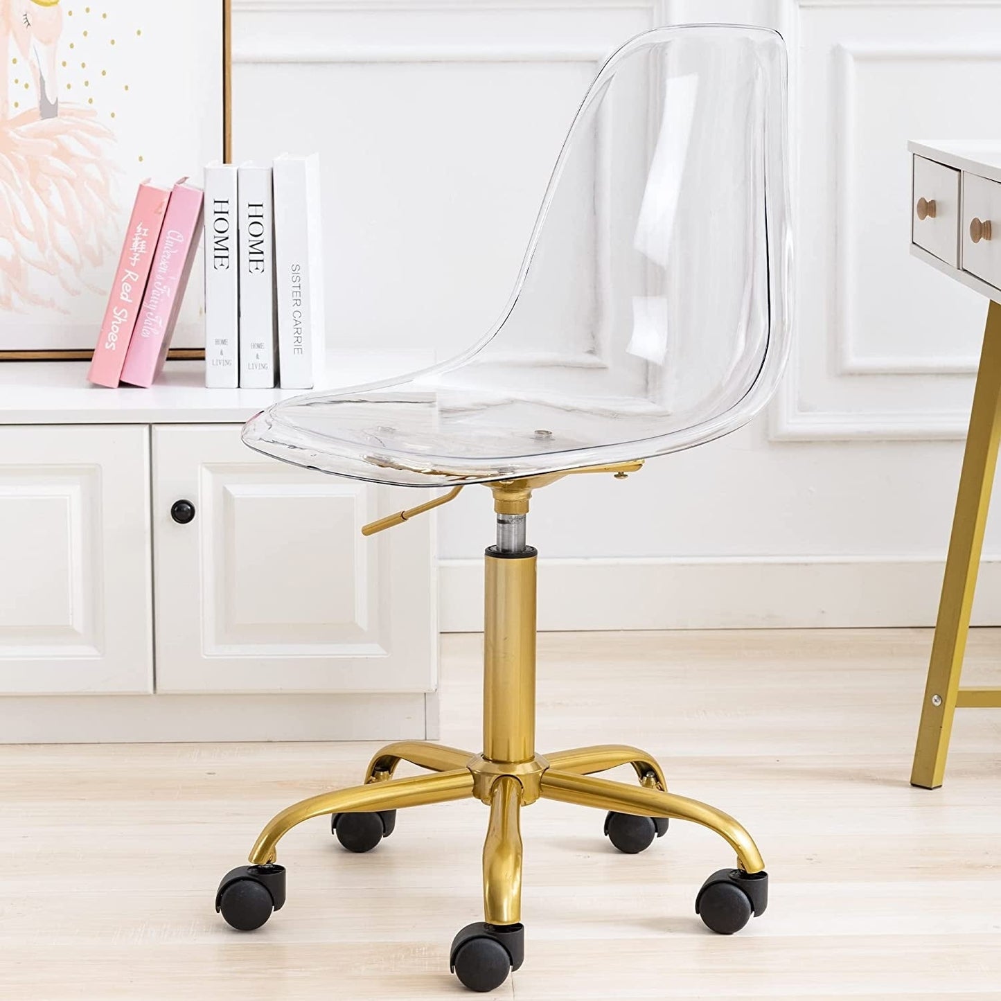 Chaise de bureau à roulettes pivotante en acrylique, sans accoudoirs et réglable en hauteur