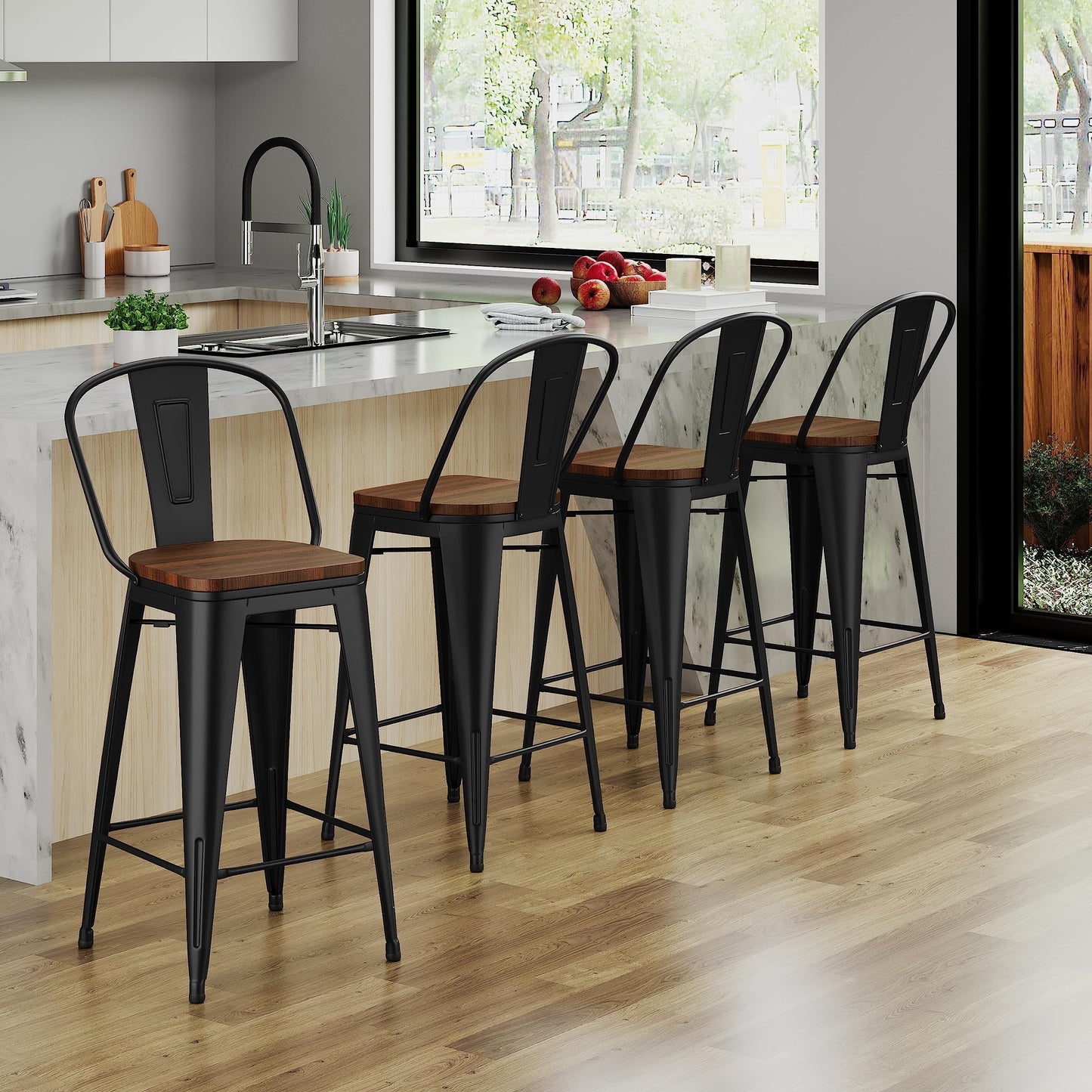 Tabourets de bar style ferme Andeworld, ensemble de 4 tabourets de bar hauteur comptoir - Lot de 4
