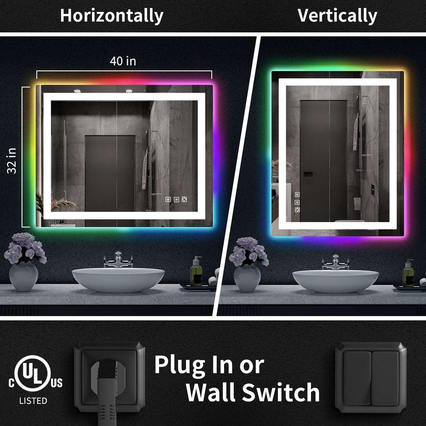 Miroir de salle de bain antibuée rétroéclairé RGB et éclairé par LED