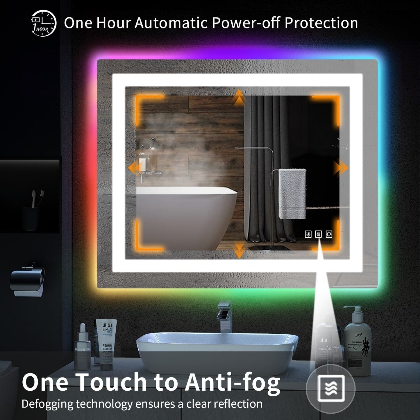Miroir de salle de bain antibuée rétroéclairé RGB et éclairé par LED