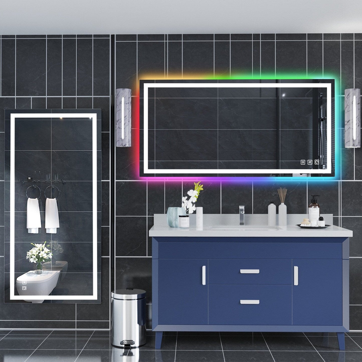 Miroir de salle de bain antibuée rétroéclairé RGB et éclairé par LED