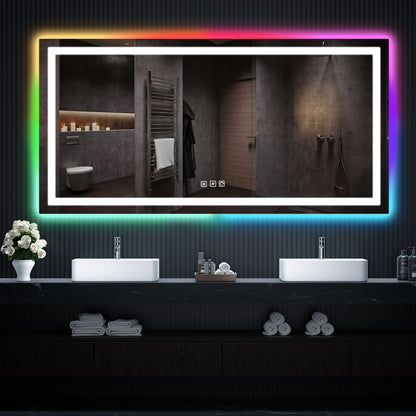 Miroir de salle de bain antibuée rétroéclairé RGB et éclairé par LED