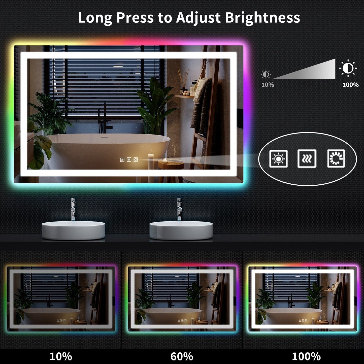 Miroir de salle de bain antibuée rétroéclairé RGB et éclairé par LED