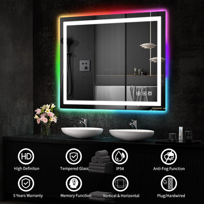Miroir de salle de bain antibuée rétroéclairé RGB et éclairé par LED