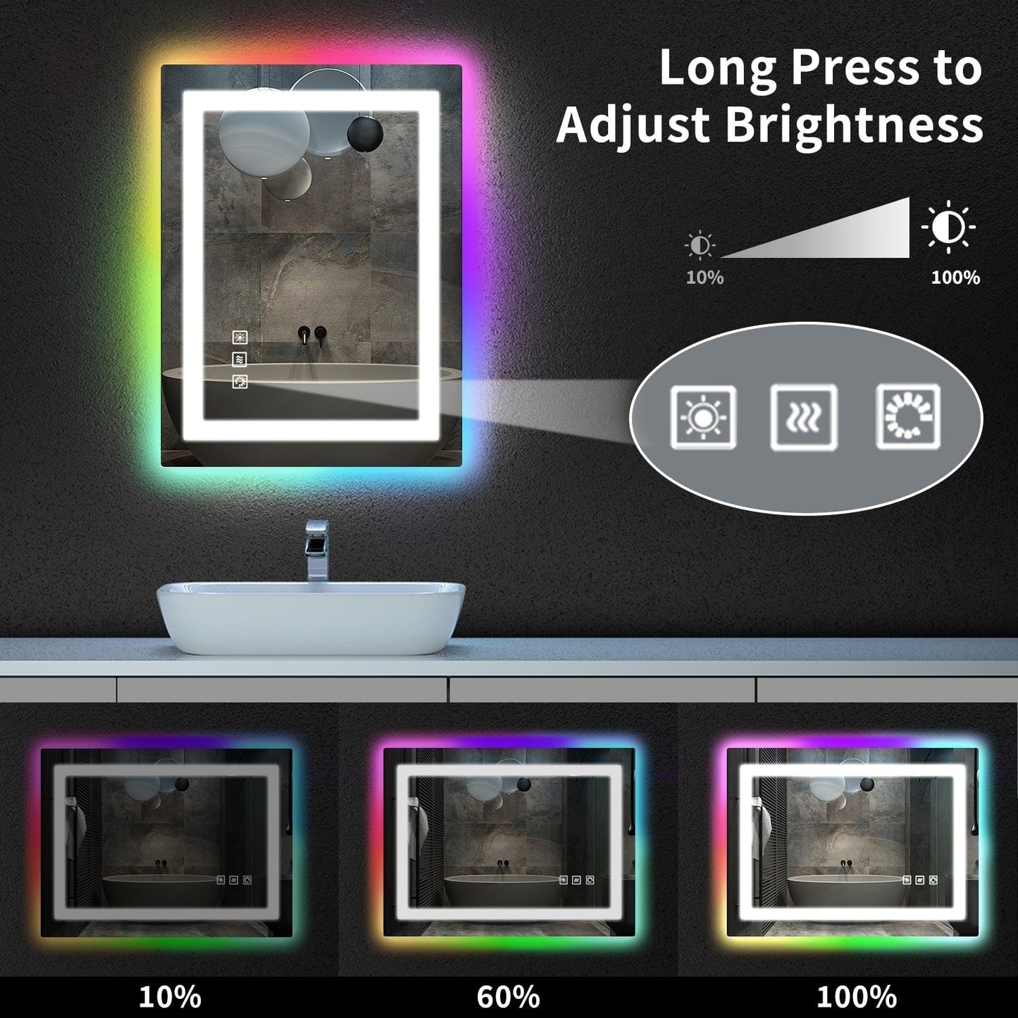 Miroir de salle de bain antibuée rétroéclairé RGB et éclairé par LED