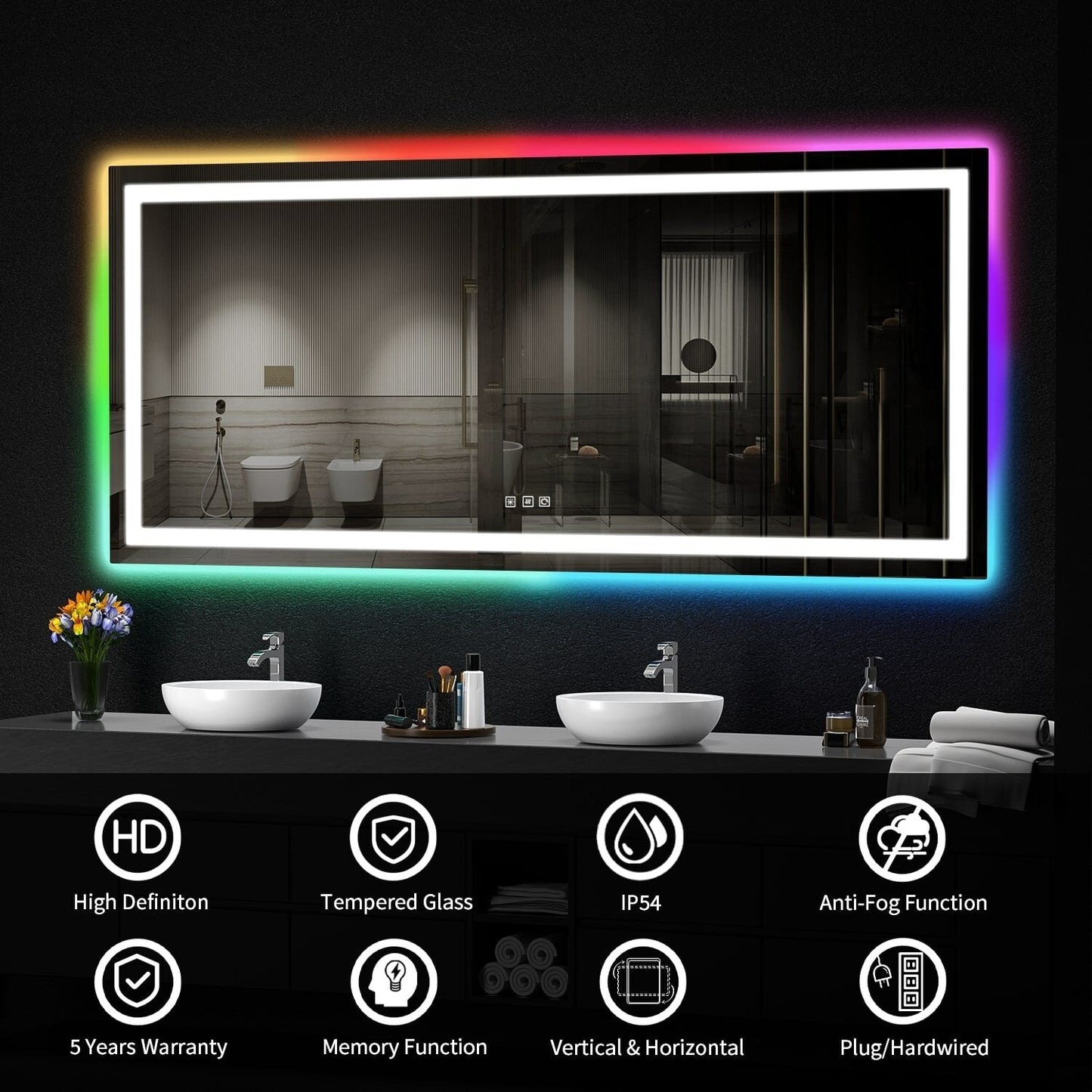 Miroir de salle de bain antibuée rétroéclairé RGB et éclairé par LED