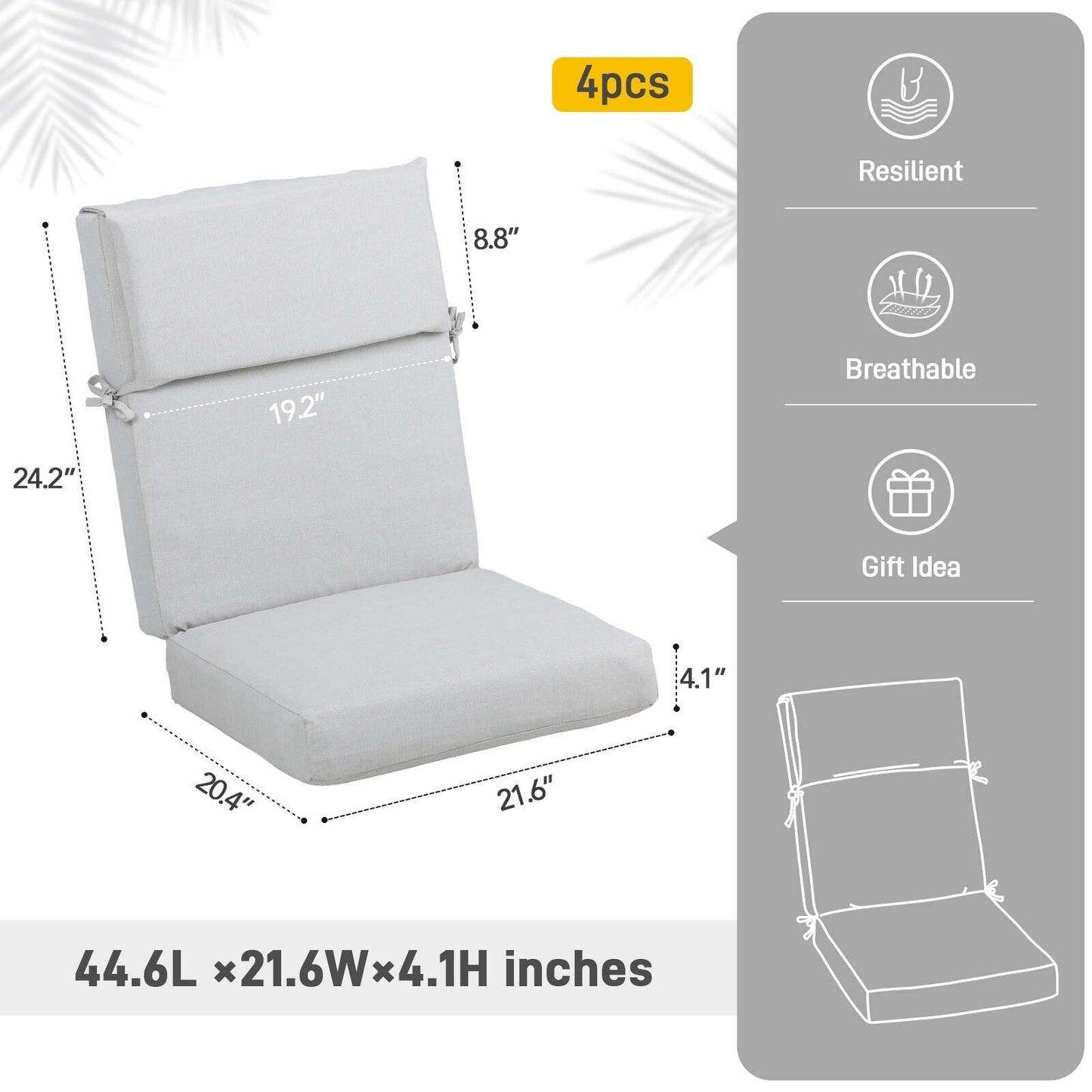 Ensemble de 4 coussins pour chaise de patio à dossier haut Aoodor, 46 x 21 x 4 pouces (coussins seulement)