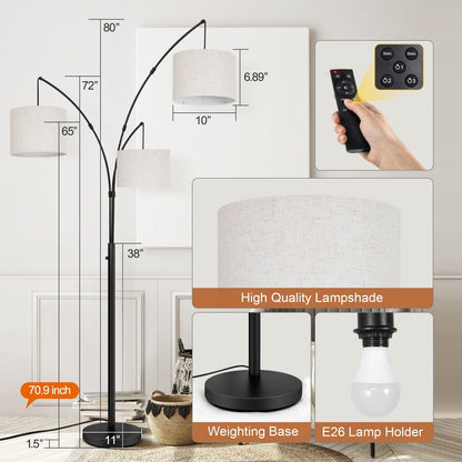 Lampadaire LED arqué à 3 lumières, moderne et noir, à intensité variable.