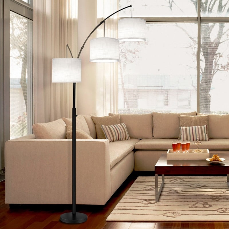 Lampadaire LED arqué à 3 lumières, moderne et noir, à intensité variable.