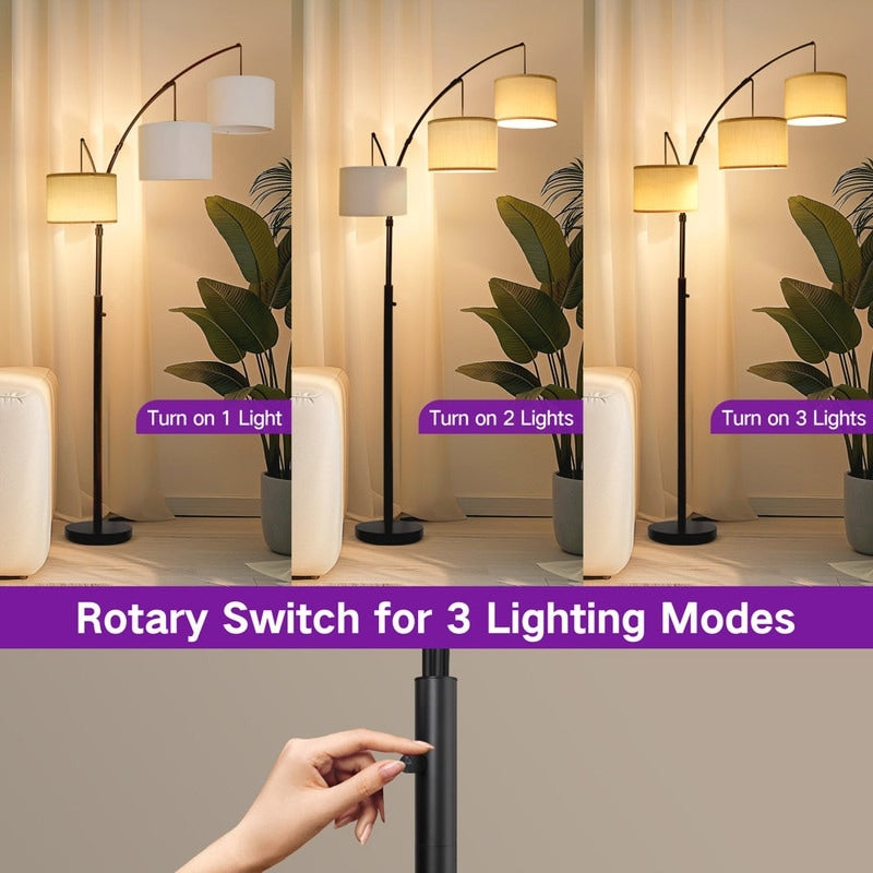 Lampadaire LED arqué à 3 lumières, moderne et noir, à intensité variable.