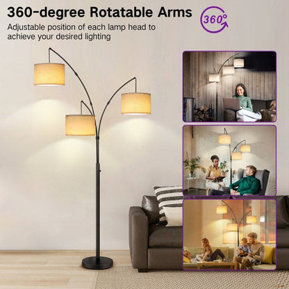 Lampadaire LED arqué à 3 lumières, moderne et noir, à intensité variable.