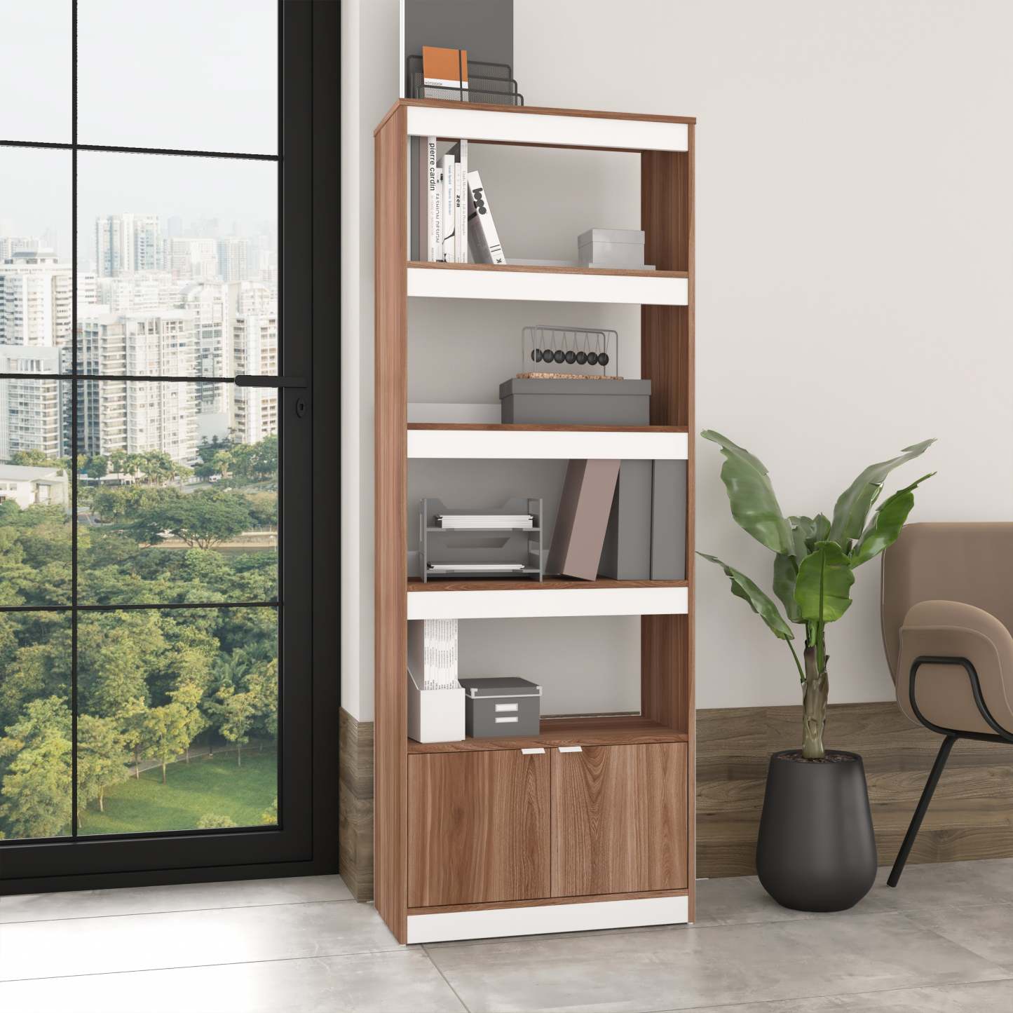 Manhattan Comfort Mid-Century Modern Ratzer Bibliothèque avec 5 étagères - Marron et Blanc|Bibliothèque Ratzer de Manhattan Comfort de style moderne du milieu du 20e siècle avec 5 tablettes - brune et blanche