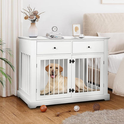 Meuble pour cage de 112 cm (44 pouces) BOSSIN, niche en bois avec table d'appoint et tiroirs de rangement, niche décorative pour animaux de compagnie