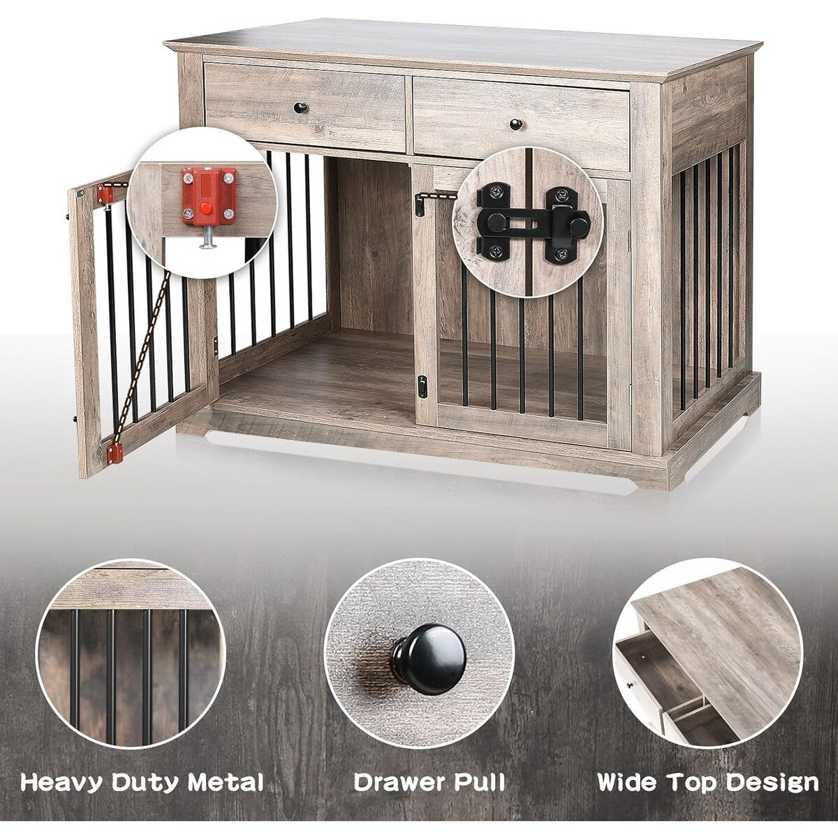 Meuble pour cage de 112 cm (44 pouces) BOSSIN, niche en bois avec table d'appoint et tiroirs de rangement, niche décorative pour animaux de compagnie