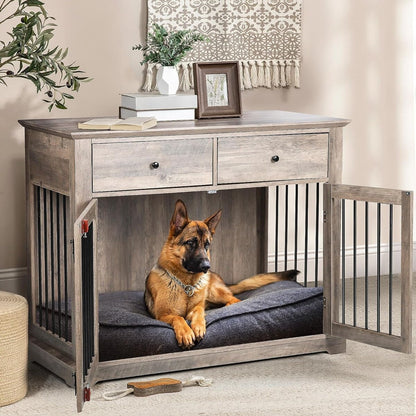 Meuble pour cage de 112 cm (44 pouces) BOSSIN, niche en bois avec table d'appoint et tiroirs de rangement, niche décorative pour animaux de compagnie