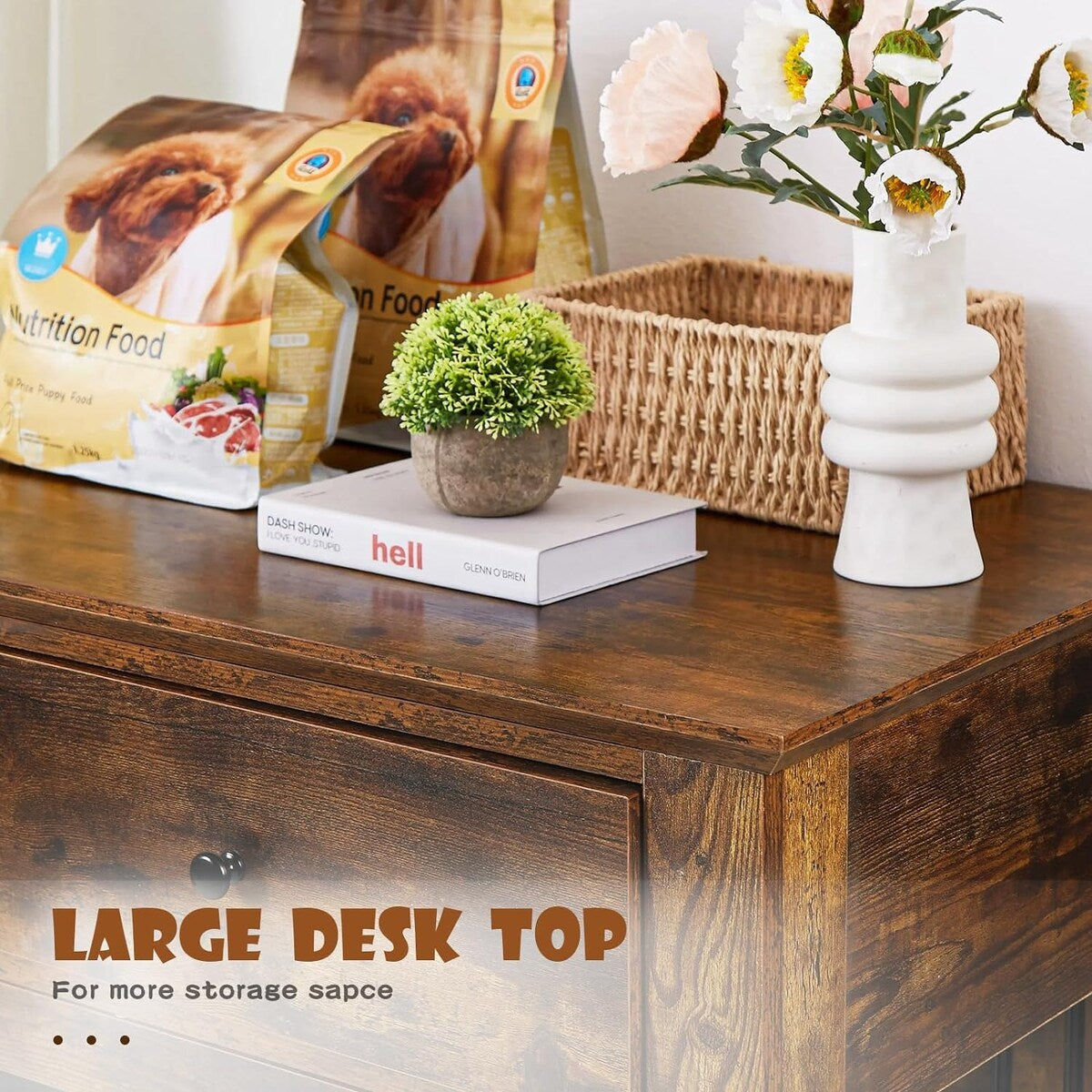 Meuble pour cage de 112 cm (44 pouces) BOSSIN, niche en bois avec table d'appoint et tiroirs de rangement, niche décorative pour animaux de compagnie