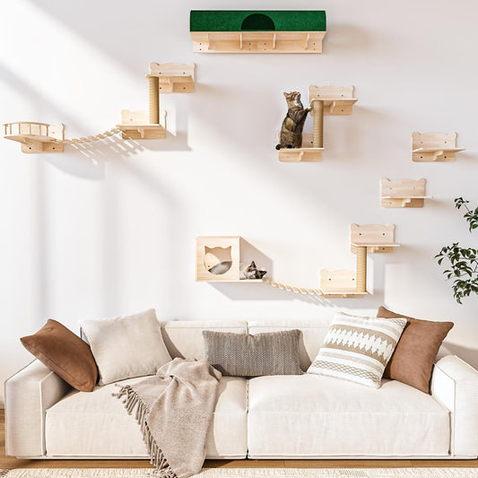 Système d'escalade mural pour chat BOSSIN 9/16/18 pièces en pin - Étagères murales avec panier, griffoir et tunnel