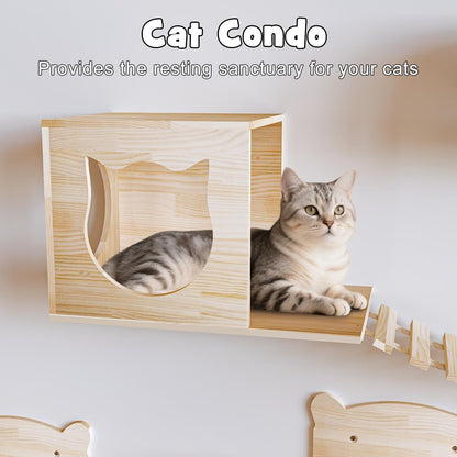 Système d'escalade mural pour chat BOSSIN 9/16/18 pièces en pin - Étagères murales avec panier, griffoir et tunnel