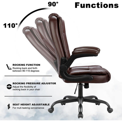 Fauteuil de bureau BOSSIN pour personnes de grande taille, ergonomique, à dossier haut, réglable en hauteur, en cuir, avec accoudoirs rembourrés et relevables.