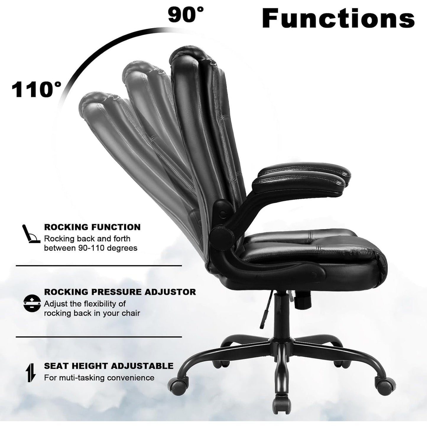 Fauteuil de bureau BOSSIN pour personnes de grande taille, ergonomique, à dossier haut, réglable en hauteur, en cuir, avec accoudoirs rembourrés et relevables.