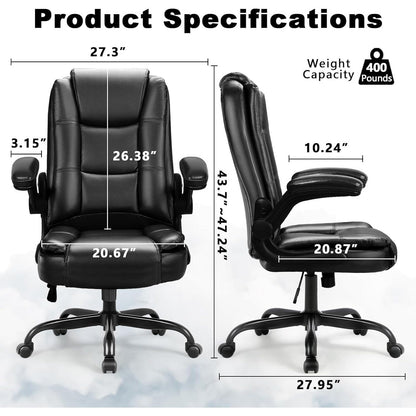 Fauteuil de bureau BOSSIN pour personnes de grande taille, ergonomique, à dossier haut, réglable en hauteur, en cuir, avec accoudoirs rembourrés et relevables.