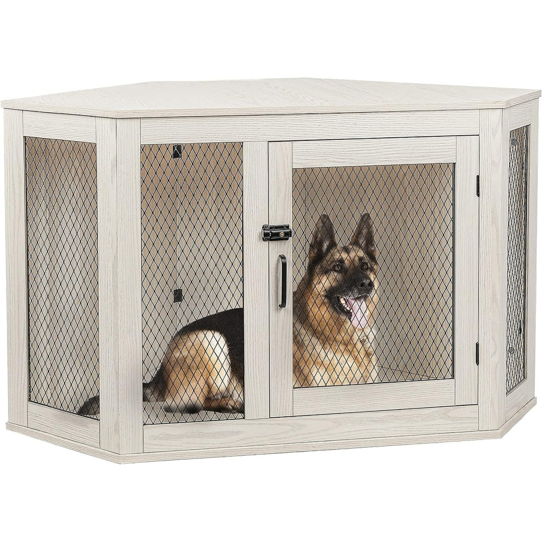 Meuble d'angle pour chien BOSSIN, niche en bois de 44/52 pouces avec filet, niche décorative en bois pour l'intérieur