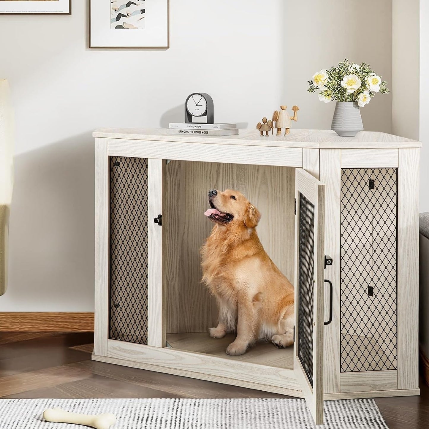Meuble d'angle pour chien BOSSIN, niche en bois de 44/52 pouces avec filet, niche décorative en bois pour l'intérieur