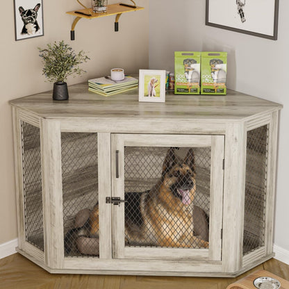Meuble d'angle pour chien BOSSIN, niche en bois de 44/52 pouces avec filet, niche décorative en bois pour l'intérieur